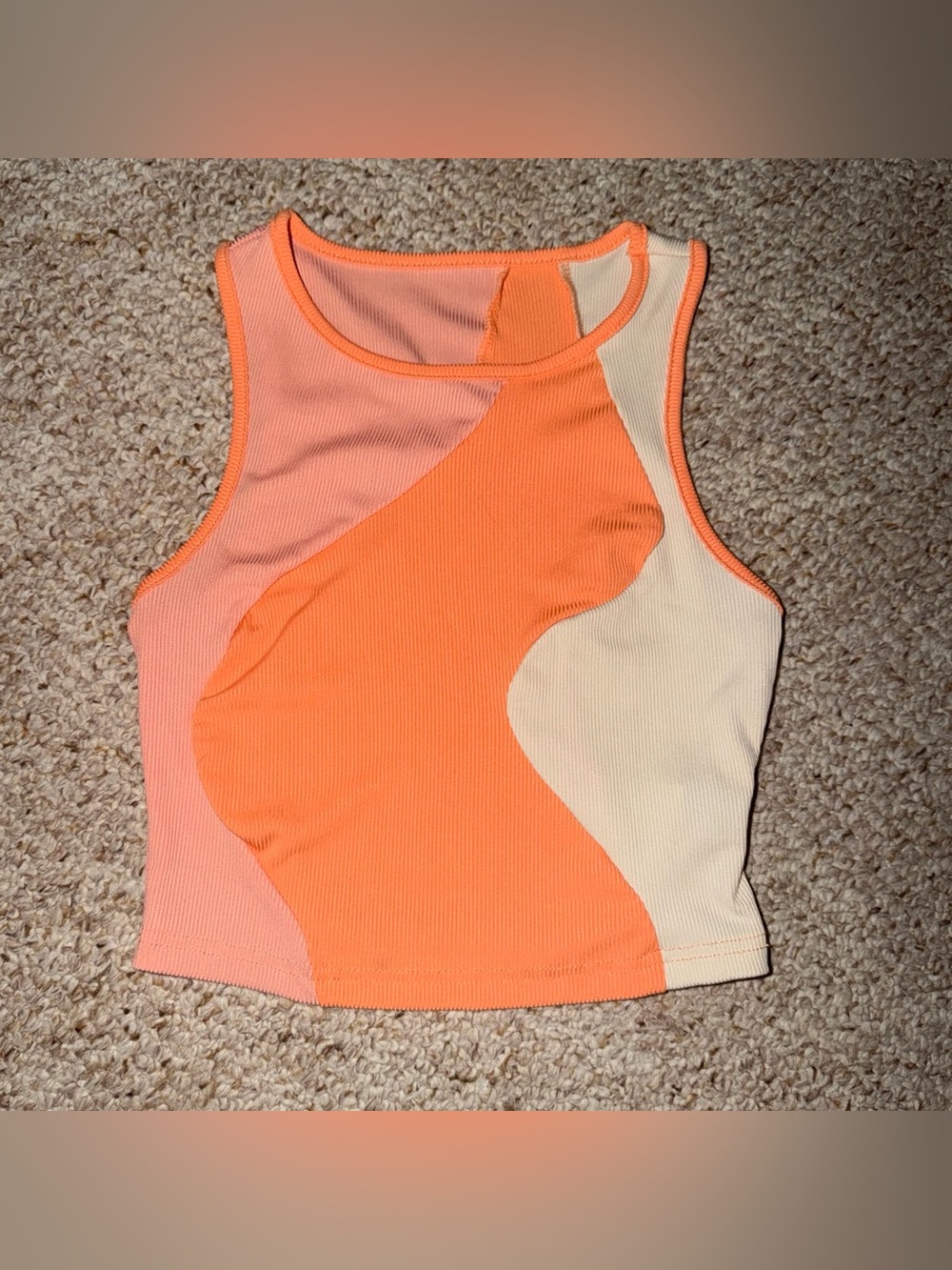 Colorblock Ribbed Cropped Tank Top - Peach, Coral & Cream